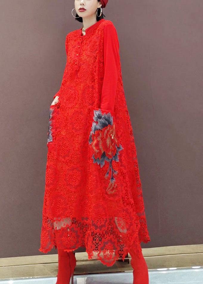 Bohemian Black O-Neck Lace Print Dress Fall - Image 2