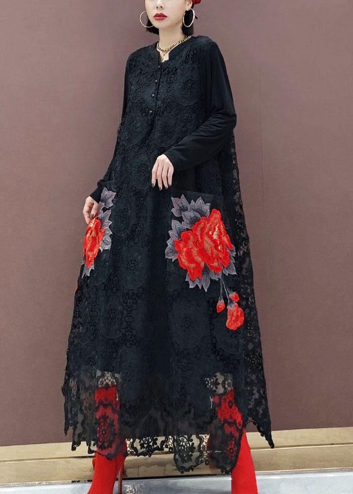 Bohemian Black O-Neck Lace Print Dress Fall - Image 3