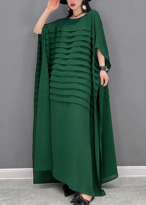 Bohemian Black O-Neck Striped Chiffon Ankle Dress Batwing Sleeve - Image 2