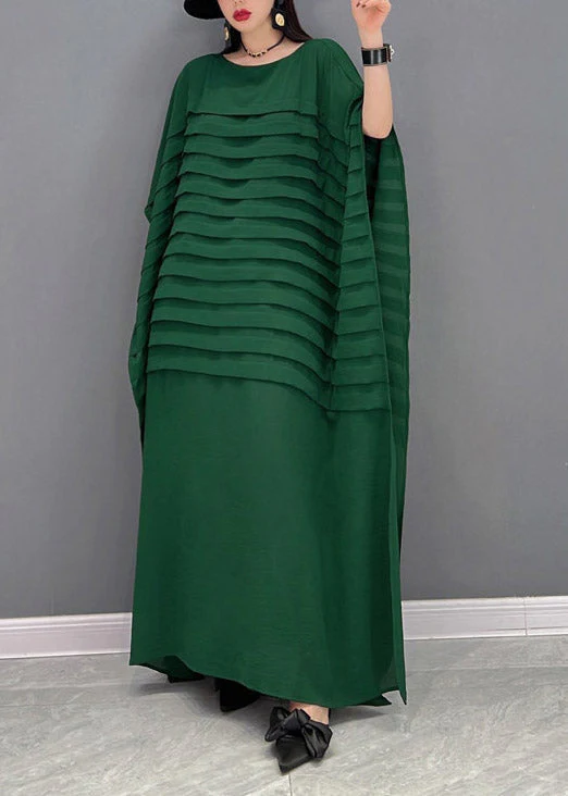 Bohemian Black O-Neck Striped Chiffon Ankle Dress Batwing Sleeve - Image 4