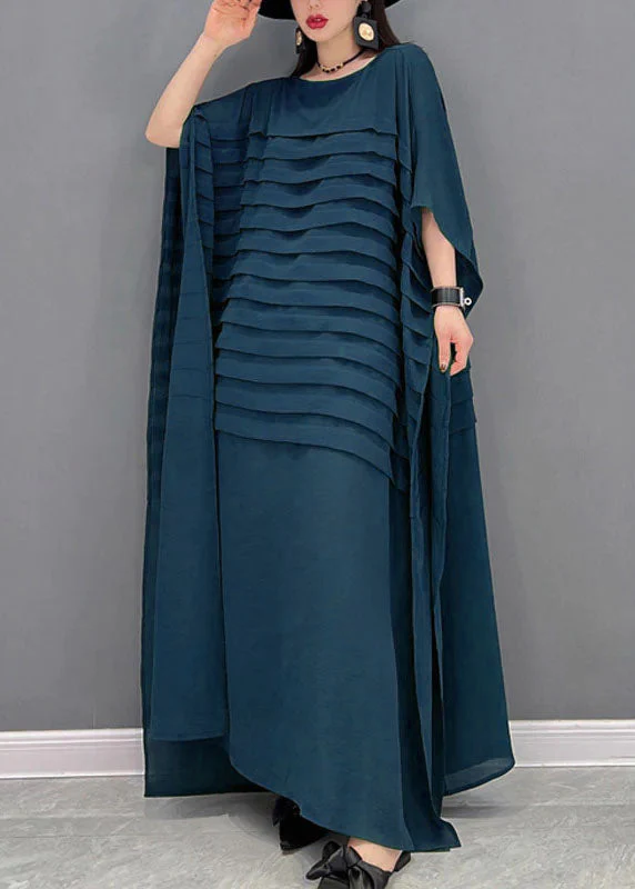Bohemian Black O-Neck Striped Chiffon Ankle Dress Batwing Sleeve - Image 7