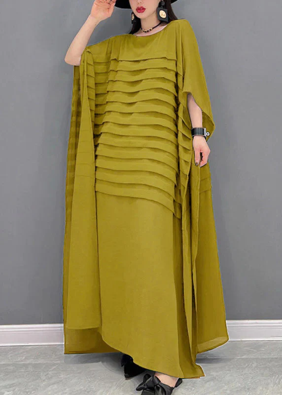 Bohemian Black O-Neck Striped Chiffon Ankle Dress Batwing Sleeve - Image 9