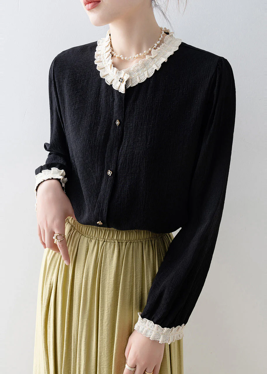 Bohemian Black Oversized Patchwork Lace Blouses Spring - Image 3