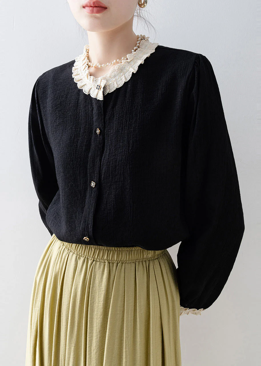 Bohemian Black Oversized Patchwork Lace Blouses Spring - Image 4