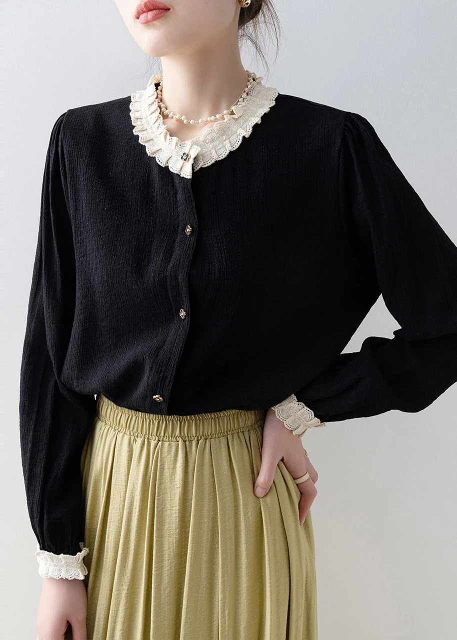 Bohemian Black Oversized Patchwork Lace Blouses Spring - Image 5