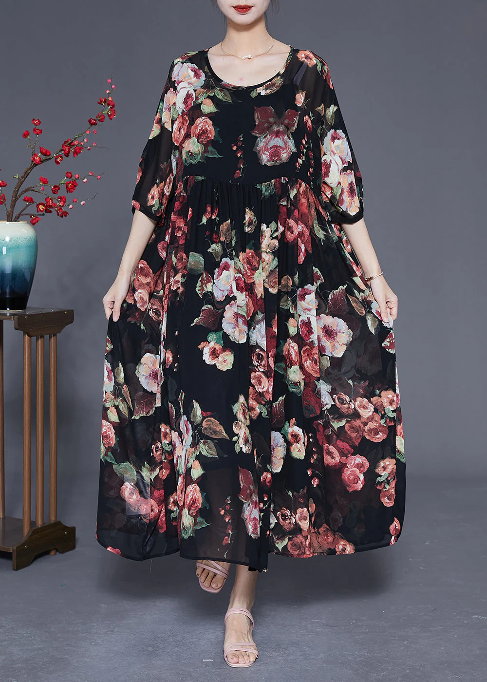 Bohemian Black Oversized Print Chiffon Dress Summer - Image 3