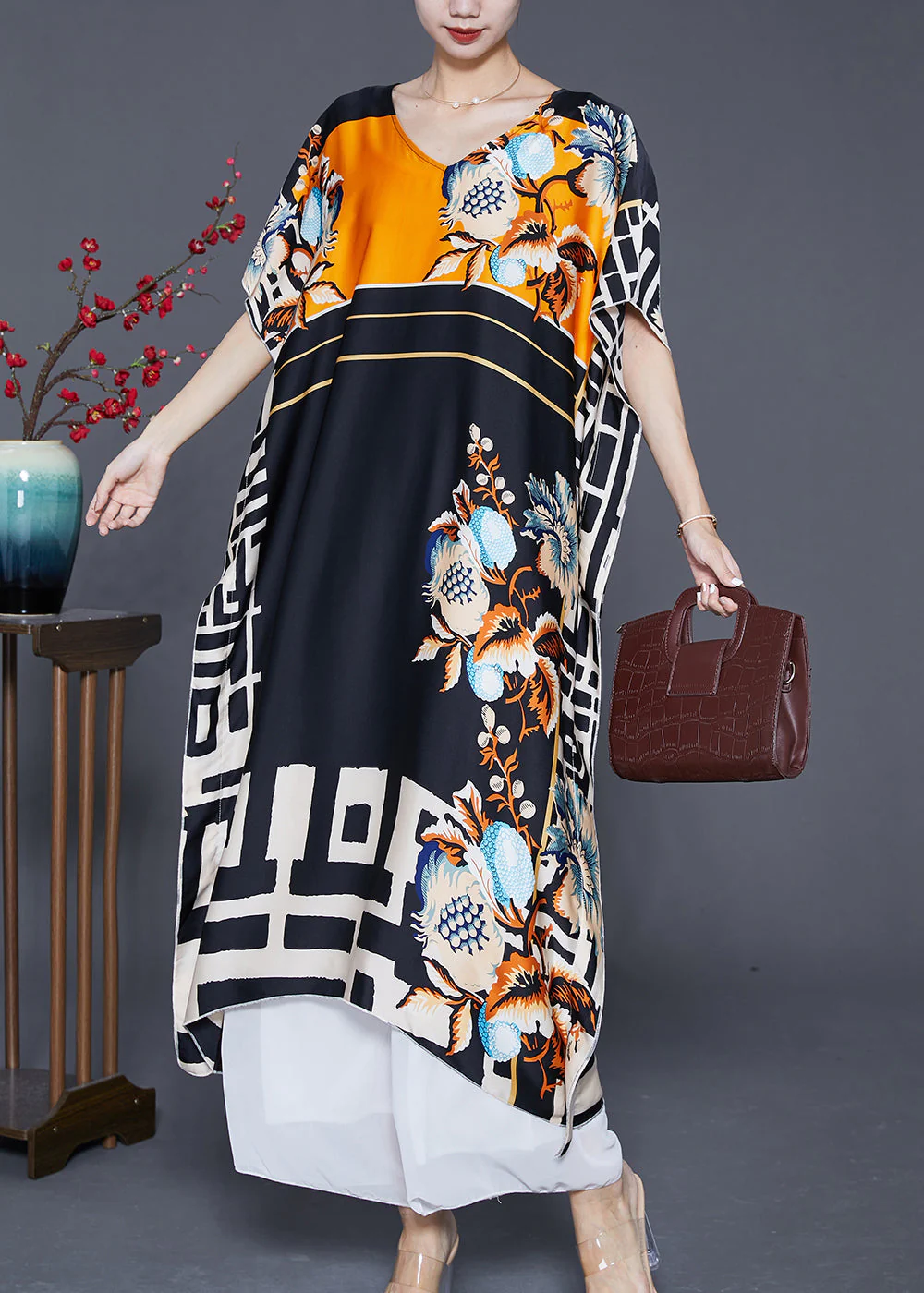 Bohemian Black Oversized Print Silk Robe Dresses Batwing Sleeve - Image 2