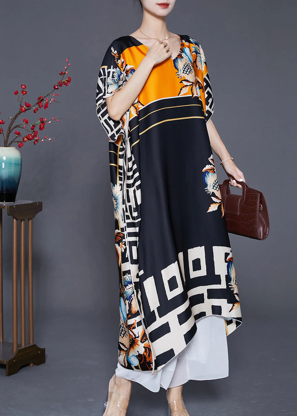 Bohemian Black Oversized Print Silk Robe Dresses Batwing Sleeve - Image 3