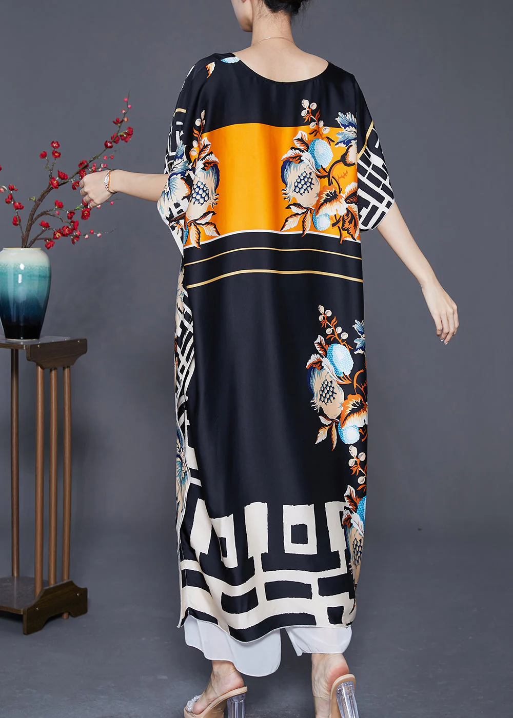 Bohemian Black Oversized Print Silk Robe Dresses Batwing Sleeve - Image 4