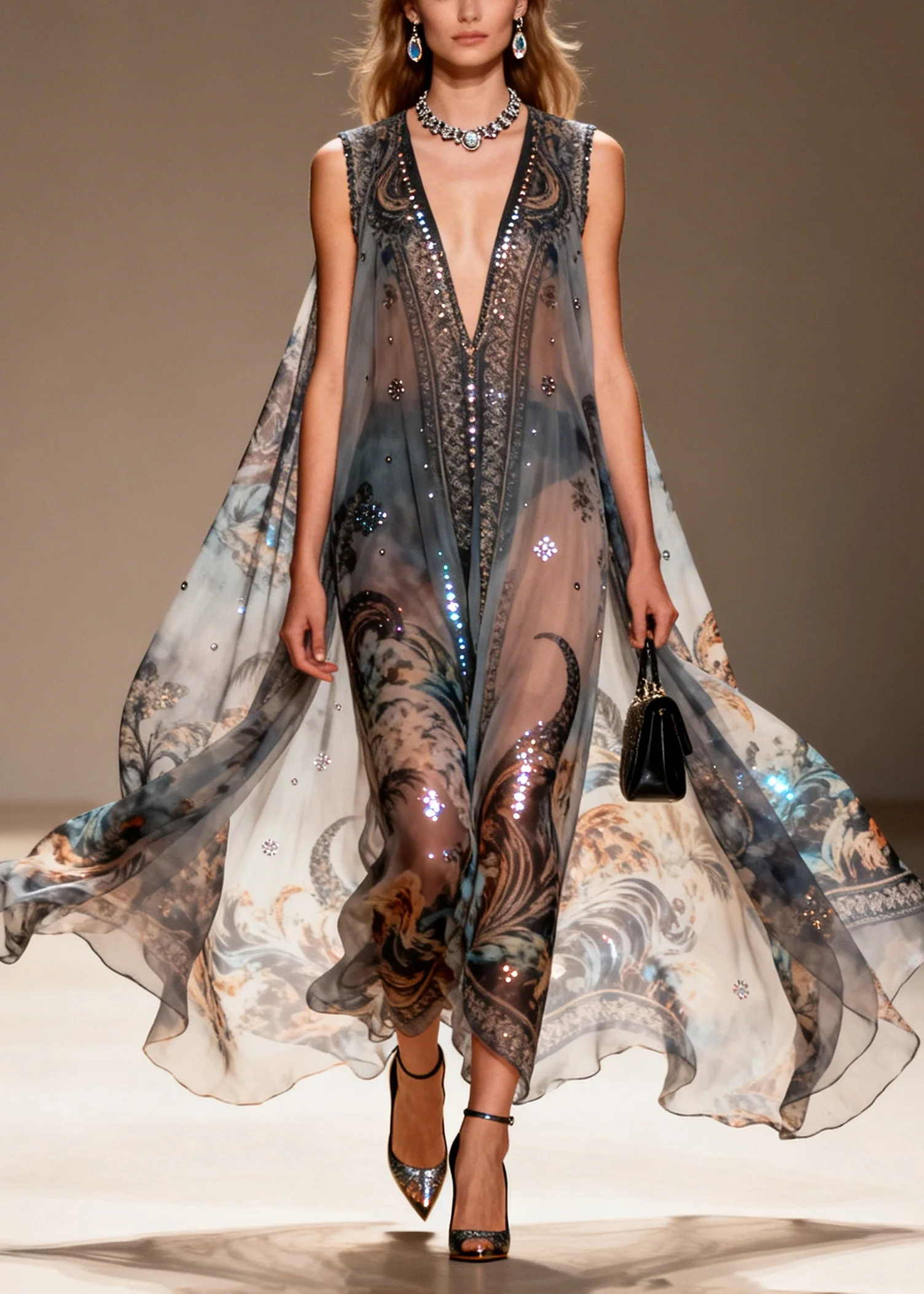 Bohemian Black Oversized Print Sparkly Chiffon Sheer Dresses Summer