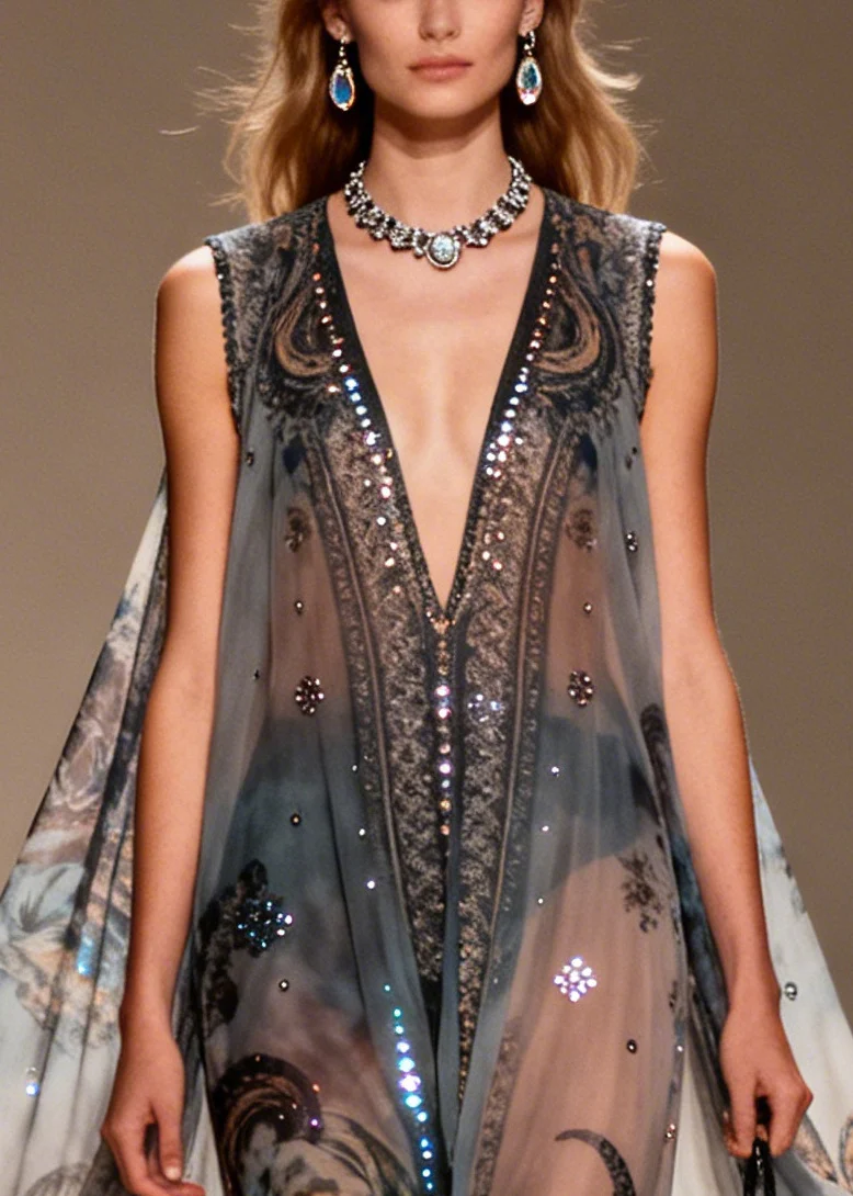 Bohemian Black Oversized Print Sparkly Chiffon Sheer Dresses Summer - Image 2
