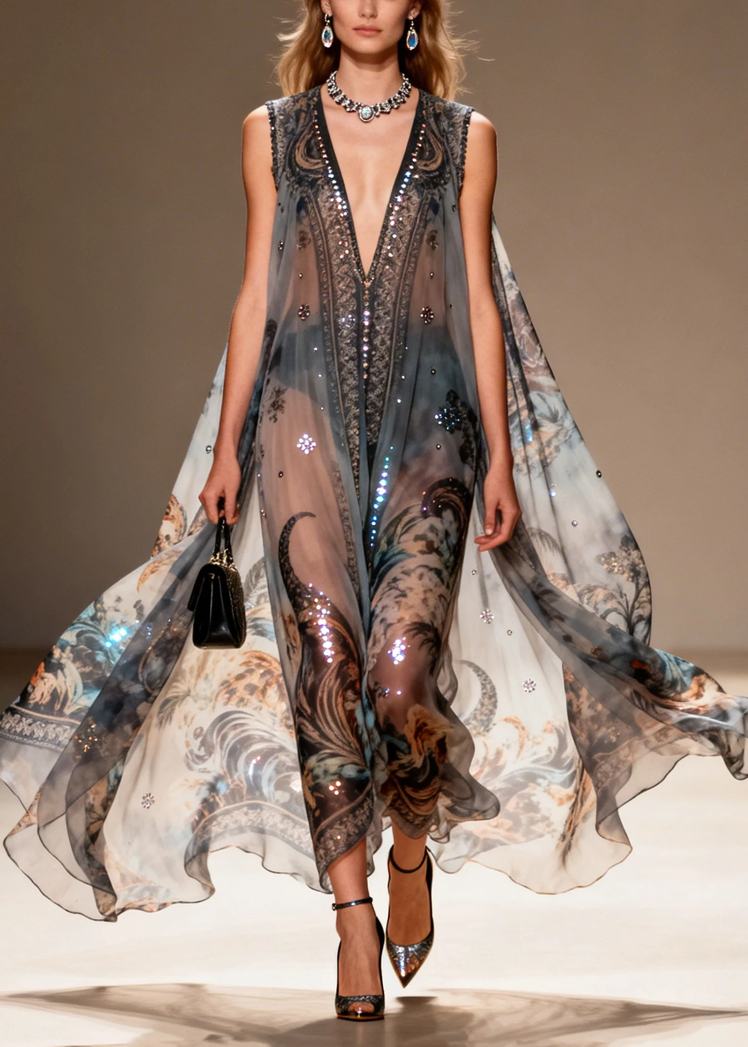 Bohemian Black Oversized Print Sparkly Chiffon Sheer Dresses Summer - Image 3