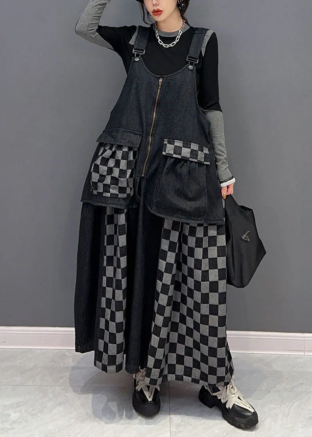 Bohemian Black Patchwork Cotton Denim Strap Dresses Spring - Image 2