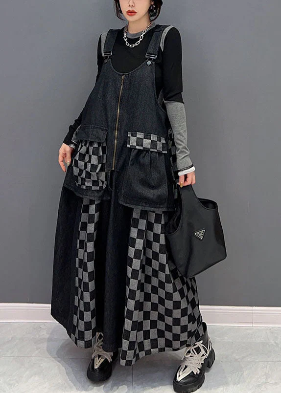 Bohemian Black Patchwork Cotton Denim Strap Dresses Spring - Image 3