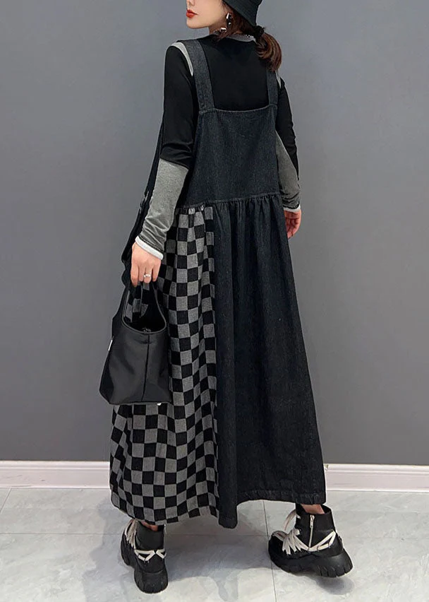 Bohemian Black Patchwork Cotton Denim Strap Dresses Spring - Image 4