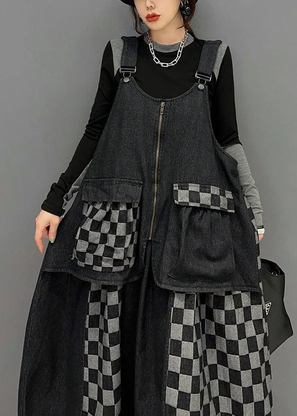 Bohemian Black Patchwork Cotton Denim Strap Dresses Spring - Image 5
