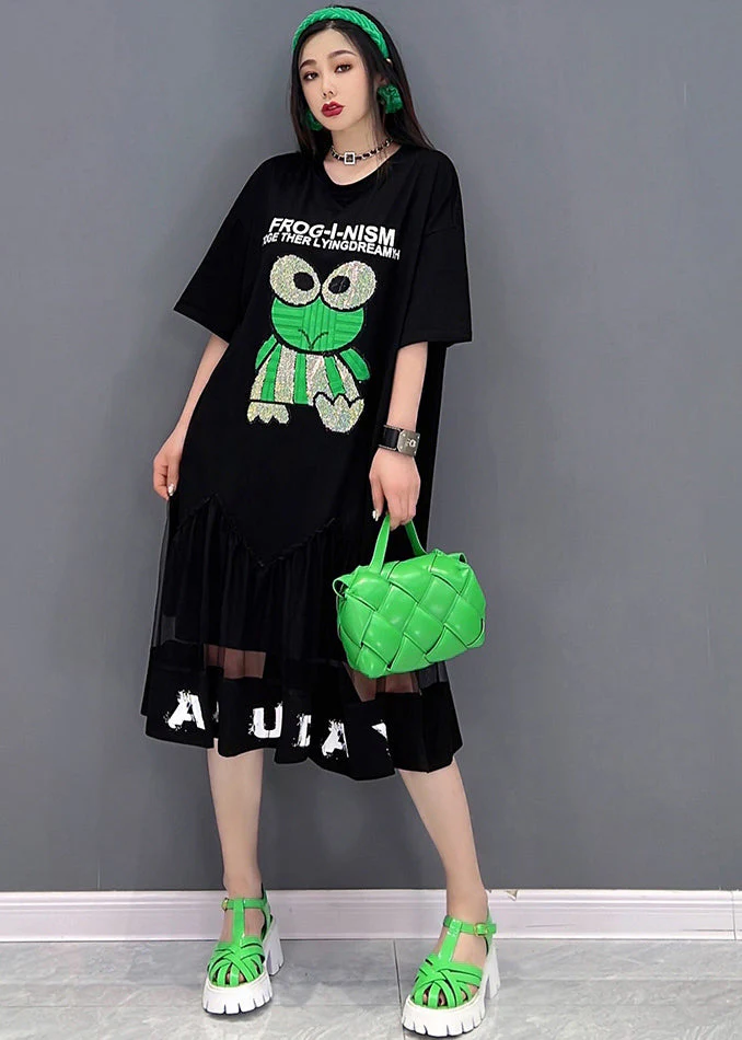 Bohemian Black Patchwork Tulle Diamonds Cotton Sweatshirt Dress Short Sleeve - Image 2