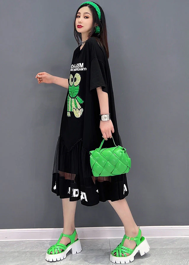 Bohemian Black Patchwork Tulle Diamonds Cotton Sweatshirt Dress Short Sleeve - Image 3