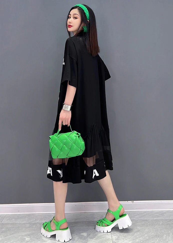 Bohemian Black Patchwork Tulle Diamonds Cotton Sweatshirt Dress Short Sleeve - Image 4