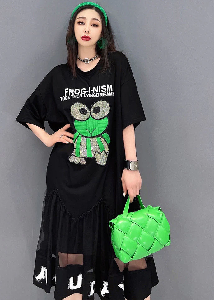 Bohemian Black Patchwork Tulle Diamonds Cotton Sweatshirt Dress Short Sleeve - Image 5