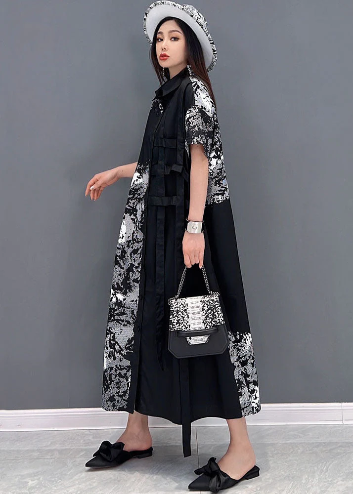 Bohemian Black Peter Pan Collar Print Cotton Shirt Dress Short Sleeve - Image 2