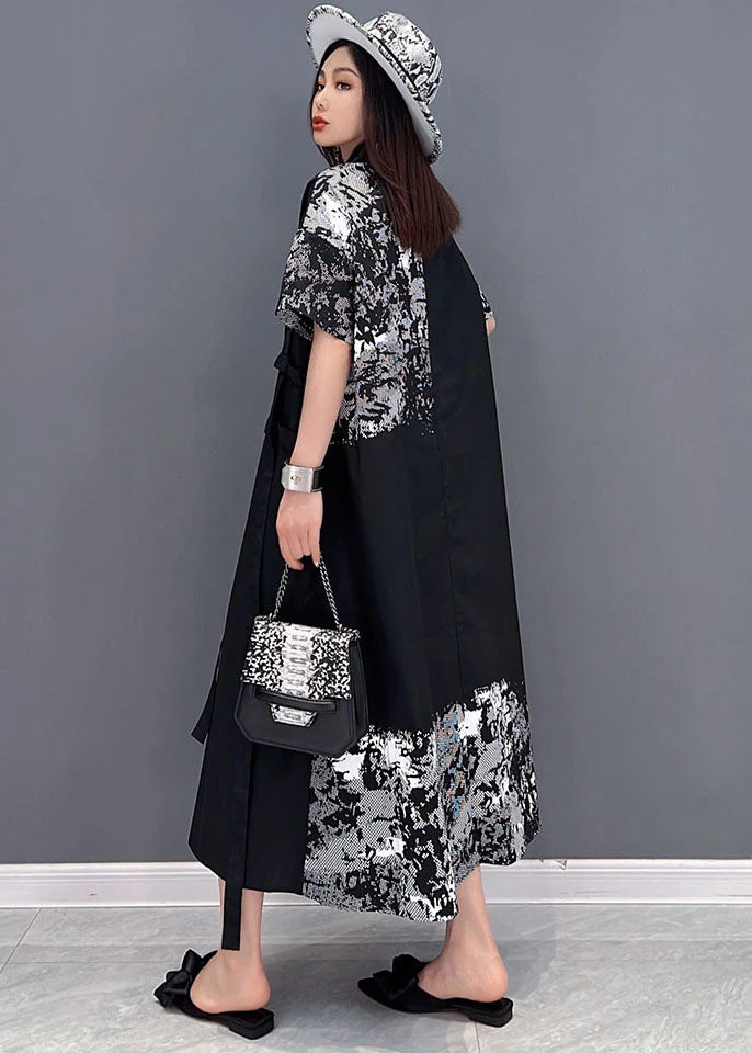 Bohemian Black Peter Pan Collar Print Cotton Shirt Dress Short Sleeve - Image 3