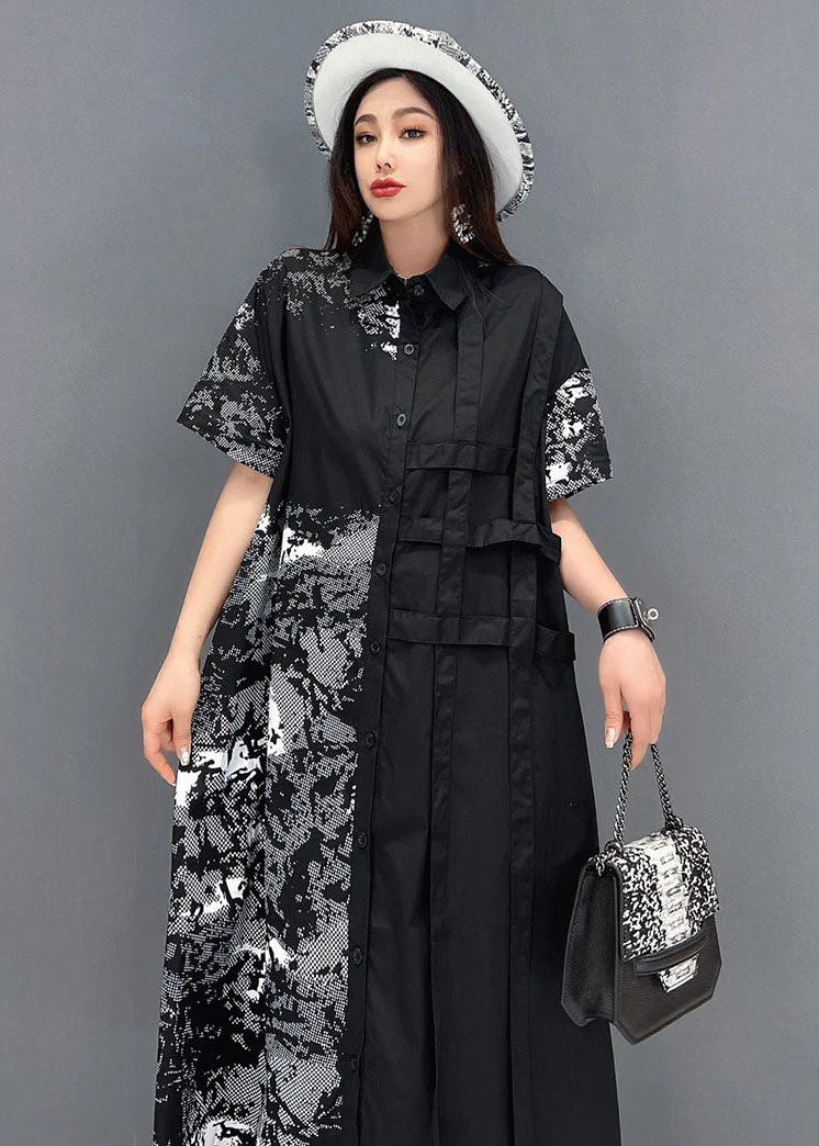 Bohemian Black Peter Pan Collar Print Cotton Shirt Dress Short Sleeve - Image 4