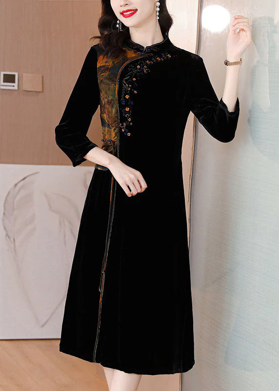 Bohemian Black Print Embroidered Tassel Silk Velour Maxi Dresses Fall - Image 2