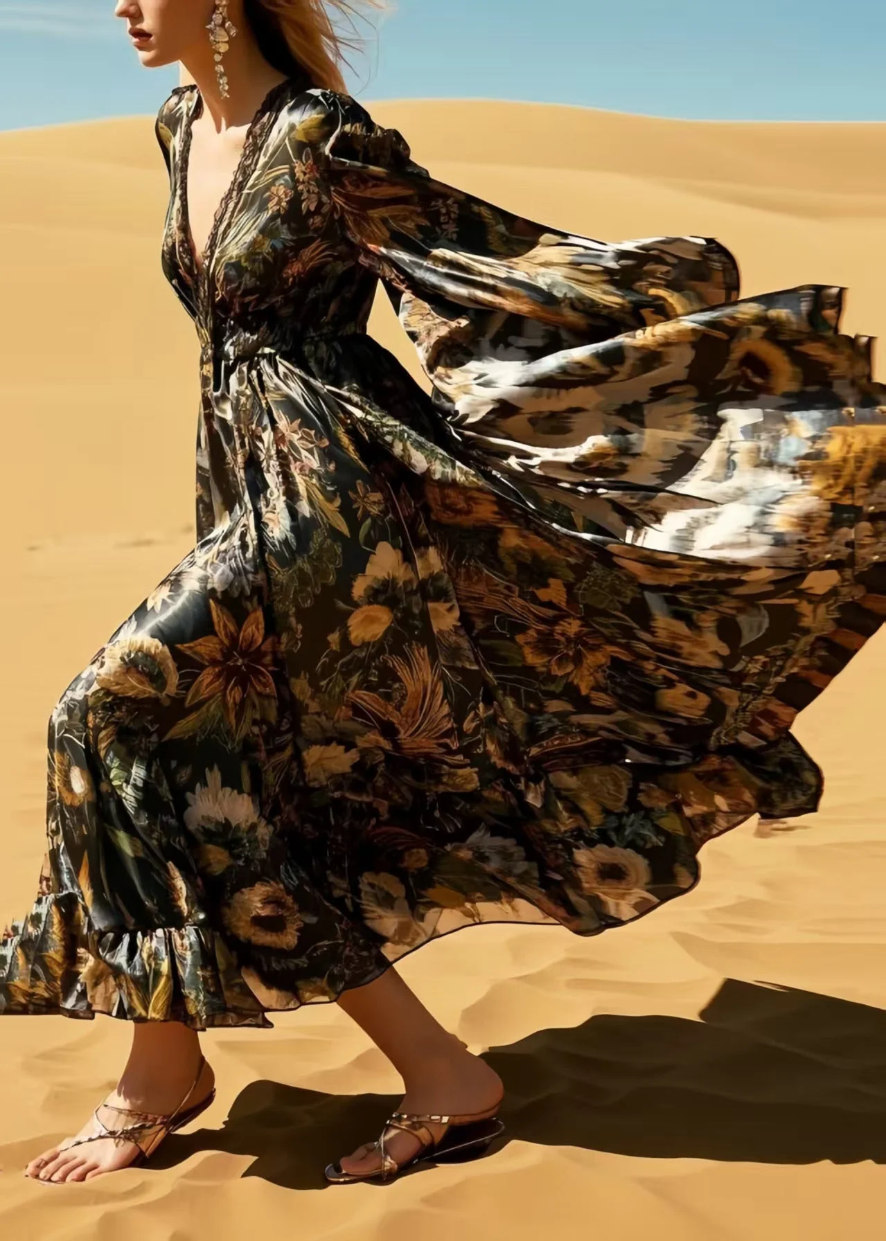 Bohemian Black Print Exra Large Hem Silk Holiday Dresses Spring - Image 3