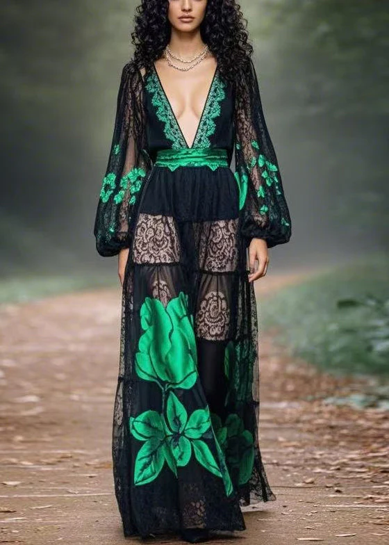 Bohemian Black Print Original Design Chiffon Long Dress Spring - Image 3