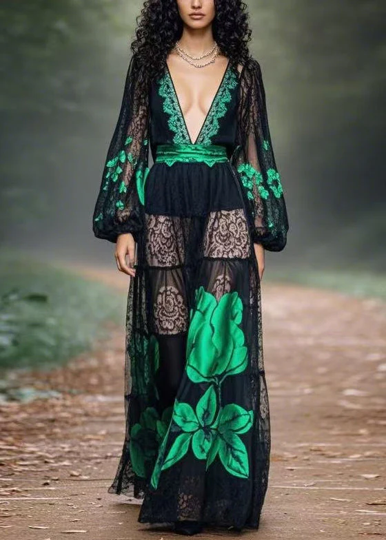 Bohemian Black Print Original Design Chiffon Long Dress Spring - Image 5