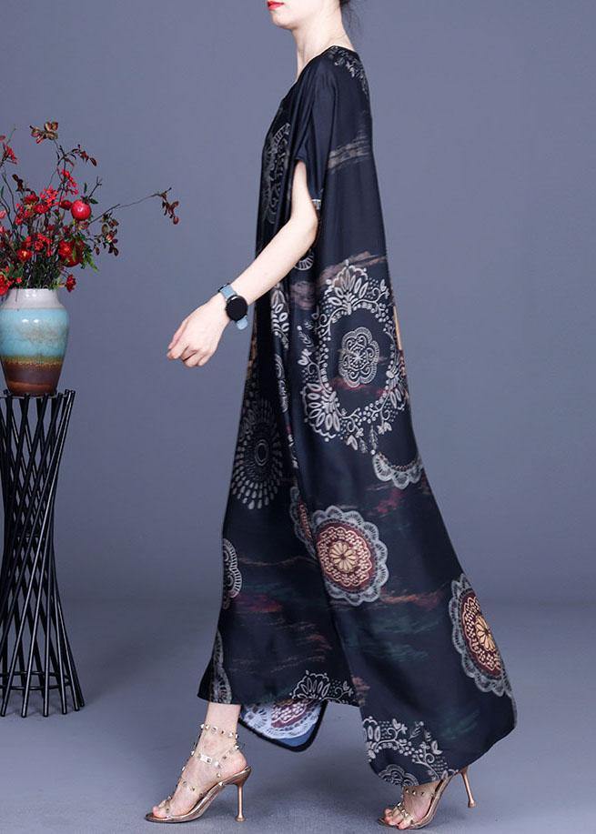Bohemian Black Print side open Silk Summer Ankle Dress - Image 3