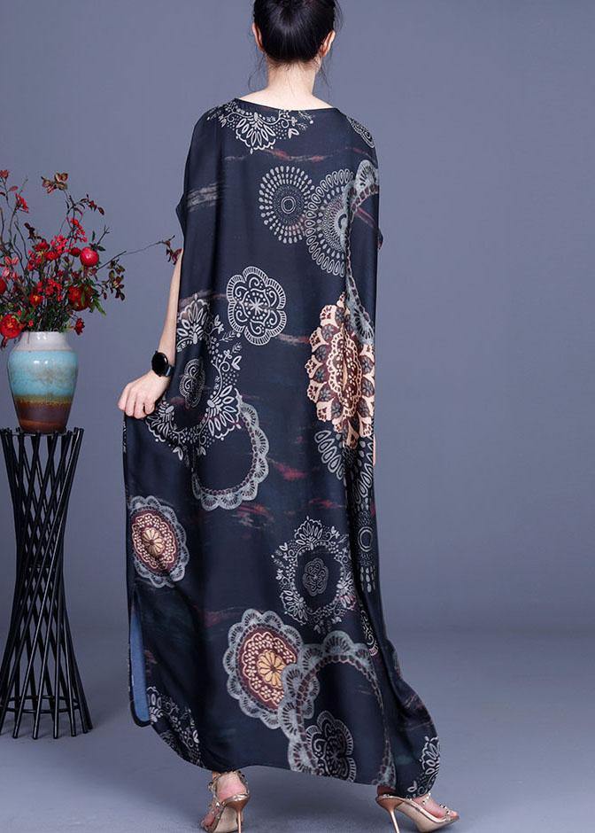Bohemian Black Print side open Silk Summer Ankle Dress - Image 4