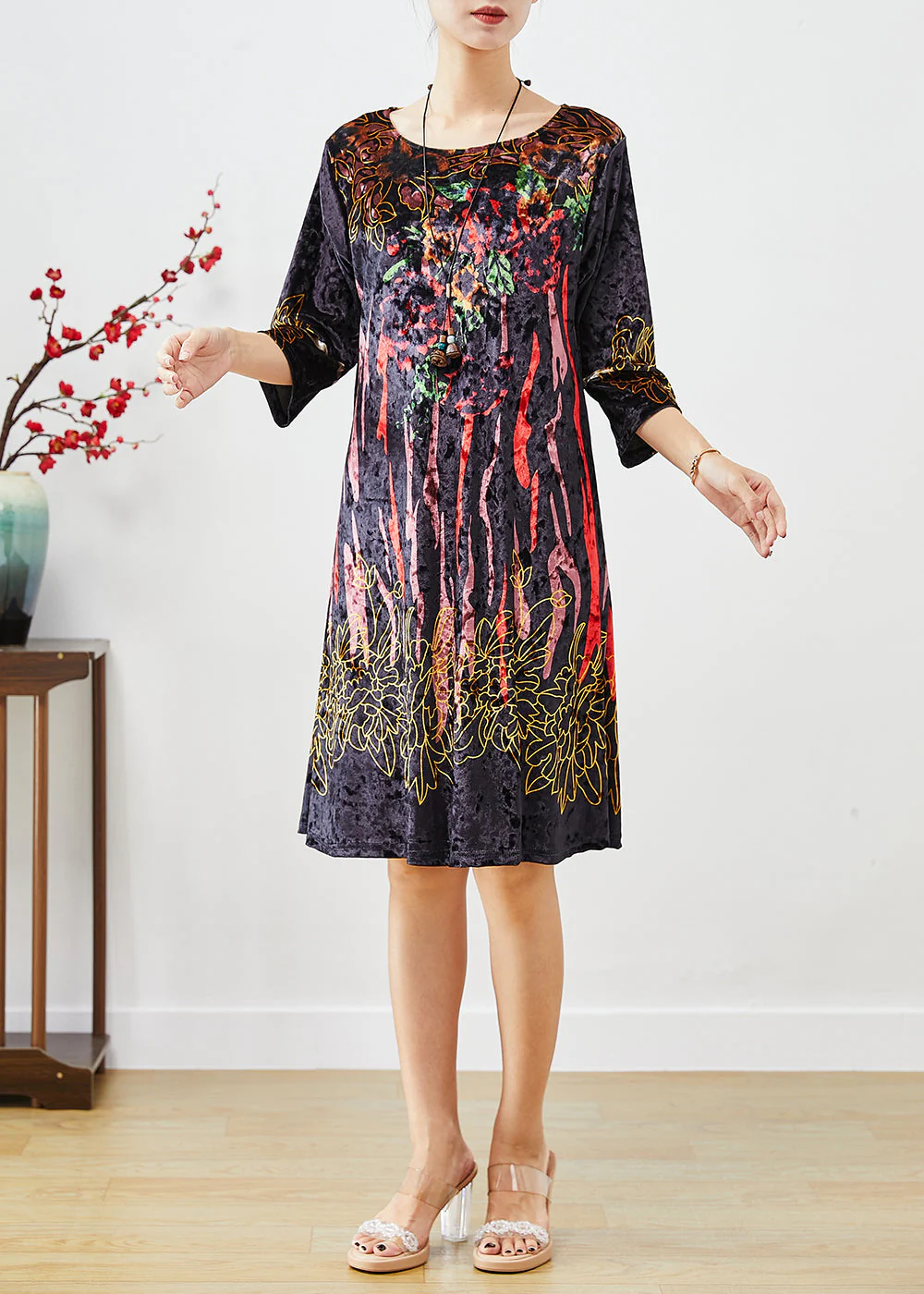 Bohemian Black Print Silk Velour Maxi Dresses Half Sleeve - Image 2