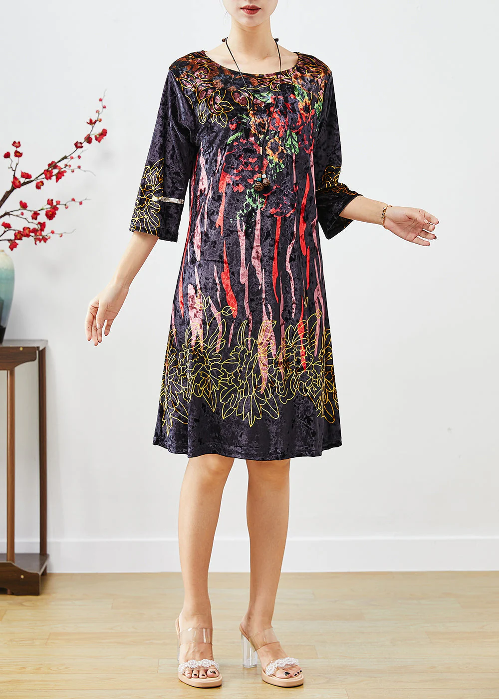 Bohemian Black Print Silk Velour Maxi Dresses Half Sleeve - Image 3