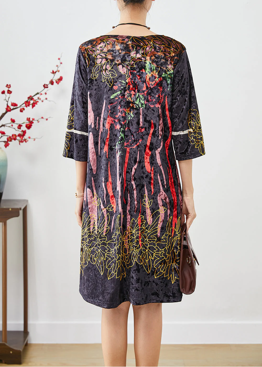 Bohemian Black Print Silk Velour Maxi Dresses Half Sleeve - Image 4