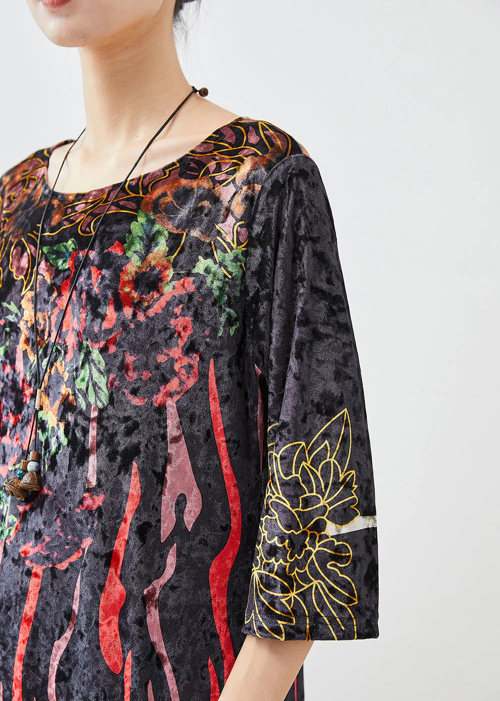 Bohemian Black Print Silk Velour Maxi Dresses Half Sleeve - Image 5