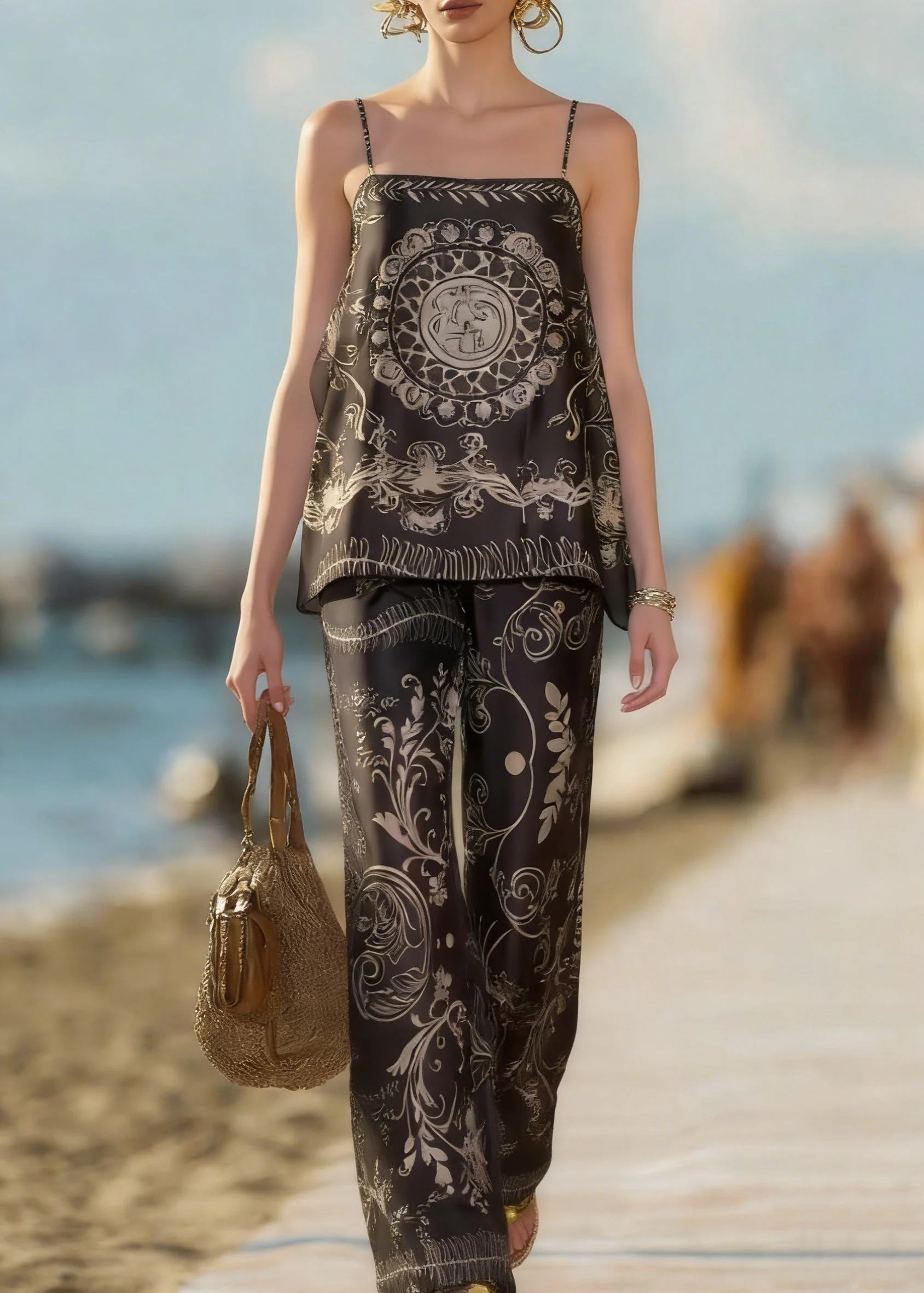 Bohemian Black Print Spaghetti Strap Tank And Pants Silk Cotton Two Piece Set Sleeveless - Image 5
