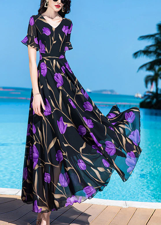 Bohemian Black Print Tunic Silk Maxi Traveling Dress Short Sleeve - Image 2
