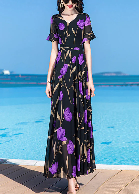 Bohemian Black Print Tunic Silk Maxi Traveling Dress Short Sleeve - Image 3