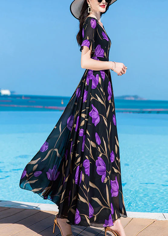 Bohemian Black Print Tunic Silk Maxi Traveling Dress Short Sleeve - Image 4