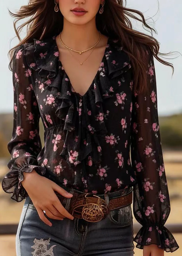 Bohemian Black Ruffled Print Chiffon Top Spring - Image 3