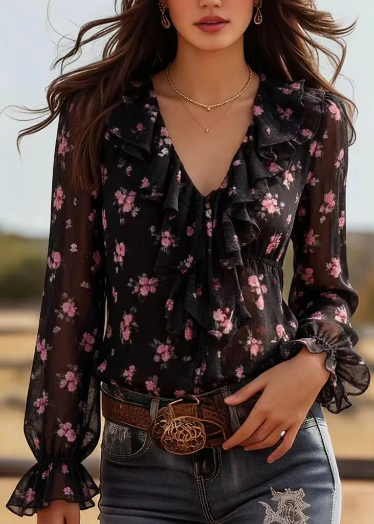 Bohemian Black Ruffled Print Chiffon Top Spring - Image 5