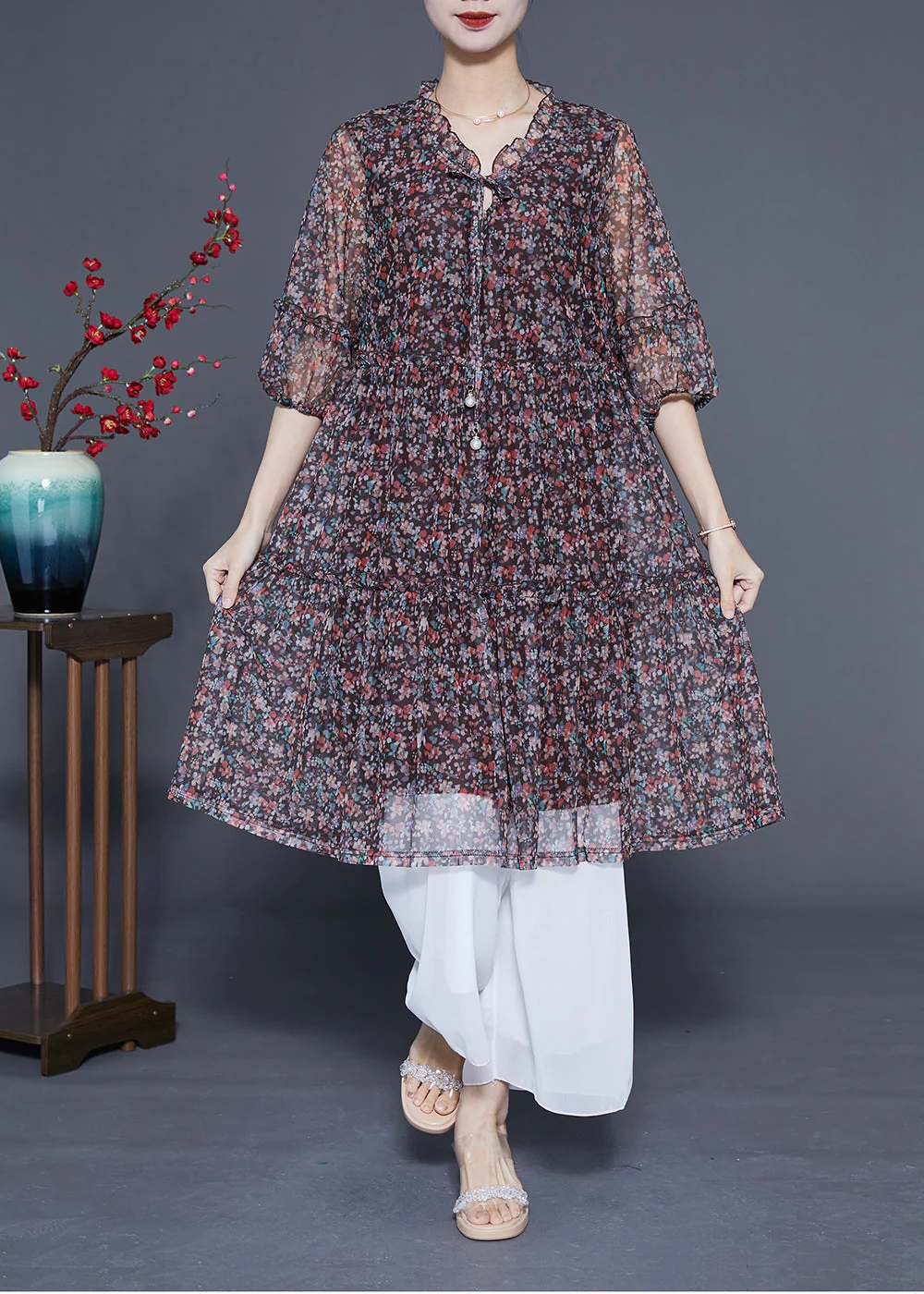 Bohemian Black Ruffled Print Lace Up Chiffon Mid Dress Summer - Image 2