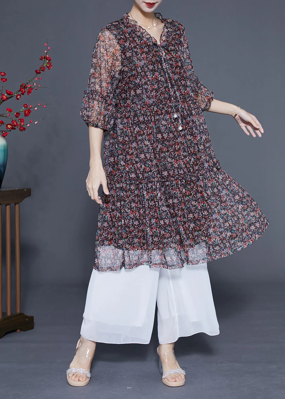 Bohemian Black Ruffled Print Lace Up Chiffon Mid Dress Summer - Image 3