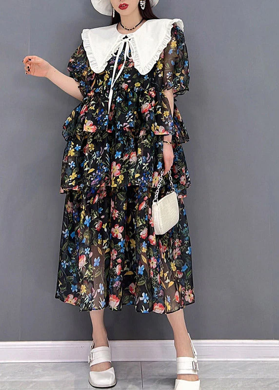 Bohemian Black Sailor Collar Layered Design Cinched Print Chiffon Dress Short Sleeve - Image 2