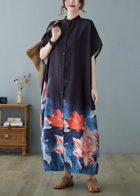 Bohemian Black Stand Collar Oversized Floral Print Chiffon Dress Summer - Image 3