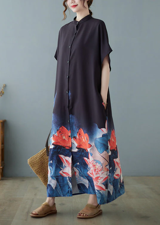 Bohemian Black Stand Collar Oversized Floral Print Chiffon Dress Summer - Image 4