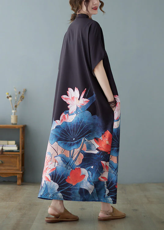 Bohemian Black Stand Collar Oversized Floral Print Chiffon Dress Summer - Image 5