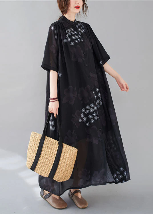 Bohemian Black Stand Collar Oversized Print Chiffon Shirt Dresses Summer - Image 2